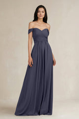 A - Line Pleated Off - the - Shoulder Chiffon Bridesmaid Dress in Dusk Blue - KissProm Bridesmaid Dresses