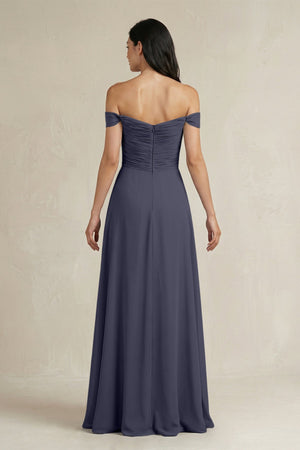 A - Line Pleated Off - the - Shoulder Chiffon Bridesmaid Dress in Dusk Blue - KissProm Bridesmaid Dresses