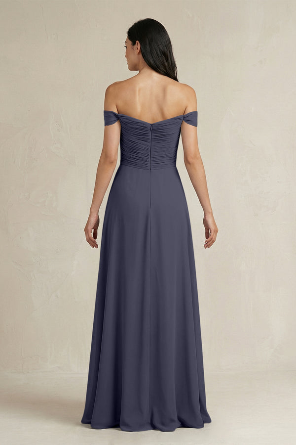 A - Line Pleated Off - the - Shoulder Chiffon Bridesmaid Dress in Dusk Blue - KissProm Bridesmaid Dresses