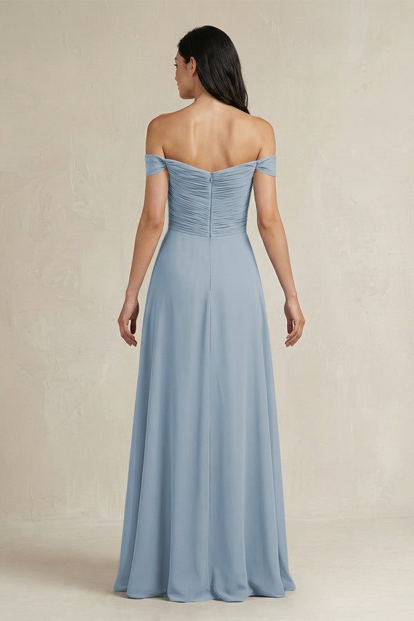 A - Line Pleated Off - the - Shoulder Chiffon Bridesmaid Dress in Dusty Blue - KissProm Bridesmaid Dresses