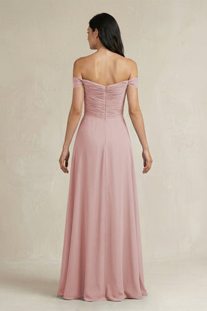 A - Line Pleated Off - the - Shoulder Chiffon Bridesmaid Dress in Dusty Rose - KissProm Bridesmaid Dresses