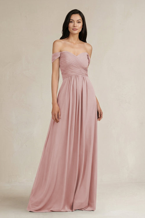 A - Line Pleated Off - the - Shoulder Chiffon Bridesmaid Dress in Dusty Rose - KissProm Bridesmaid Dresses
