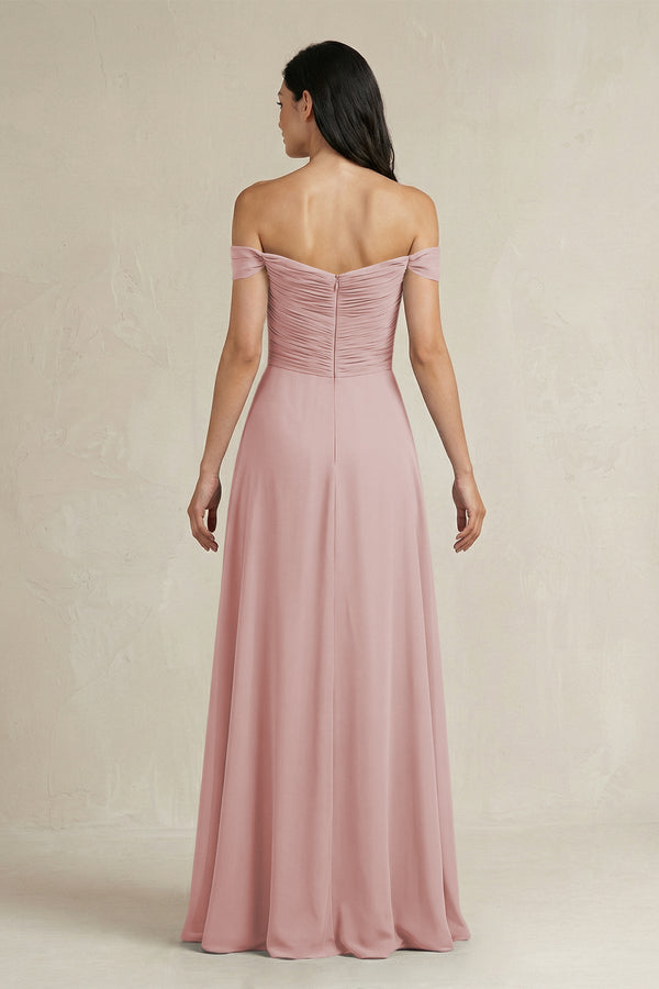 A - Line Pleated Off - the - Shoulder Chiffon Bridesmaid Dress in Dusty Rose - KissProm Bridesmaid Dresses