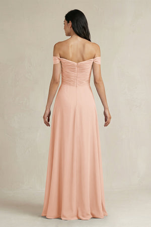 A - Line Pleated Off - the - Shoulder Chiffon Bridesmaid Dress in English Rose - KissProm Bridesmaid Dresses