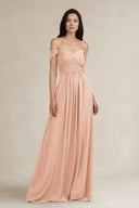 A - Line Pleated Off - the - Shoulder Chiffon Bridesmaid Dress in English Rose - KissProm Bridesmaid Dresses