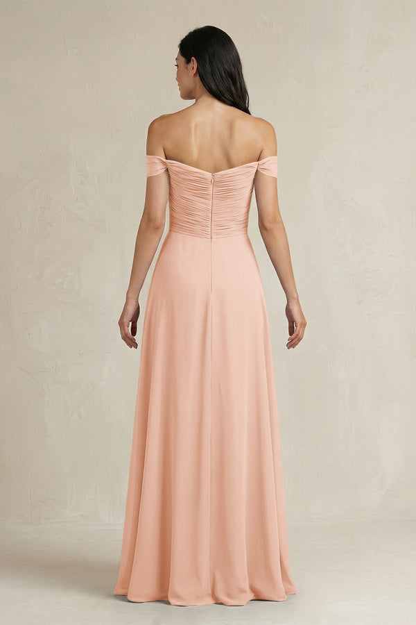 A - Line Pleated Off - the - Shoulder Chiffon Bridesmaid Dress in English Rose - KissProm Bridesmaid Dresses