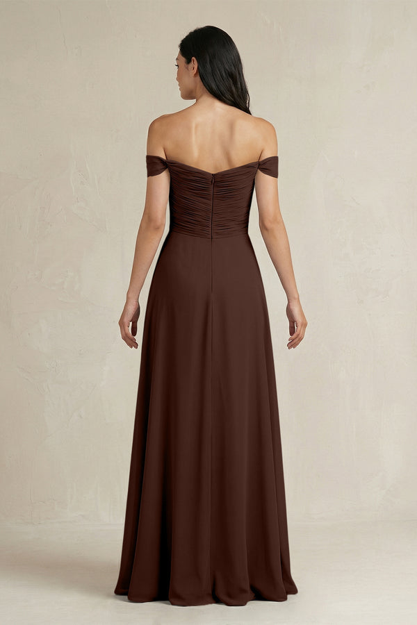 A - Line Pleated Off - the - Shoulder Chiffon Bridesmaid Dress in Espresso - KissProm Bridesmaid Dresses