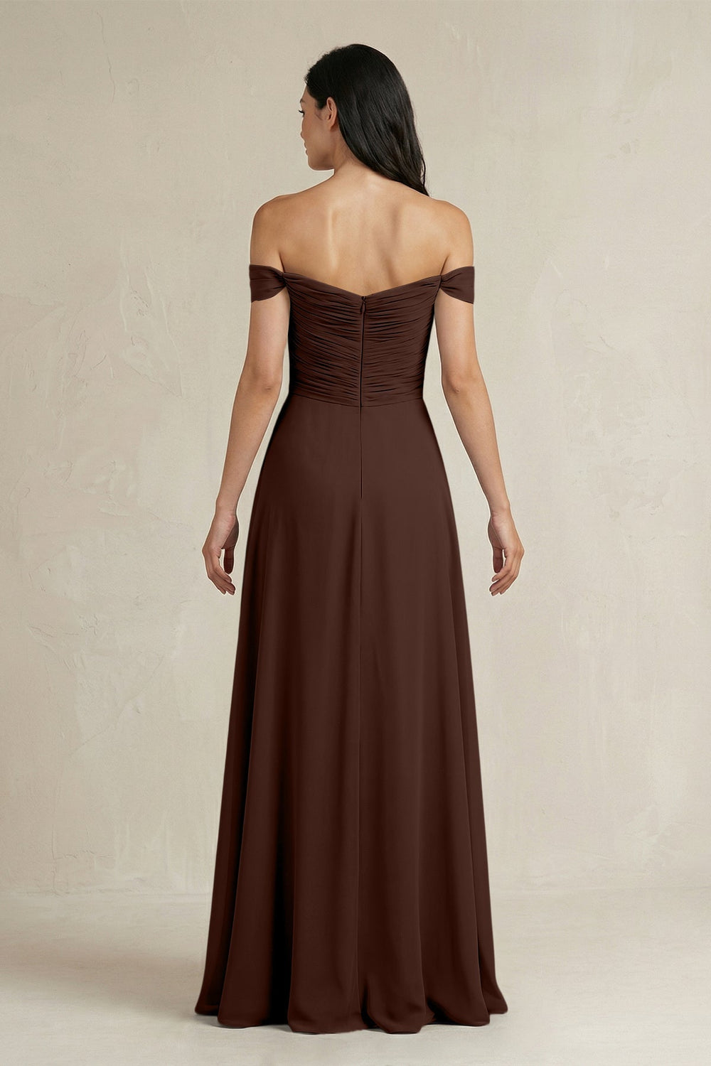 A - Line Pleated Off - the - Shoulder Chiffon Bridesmaid Dress in Espresso - KissProm Bridesmaid Dresses
