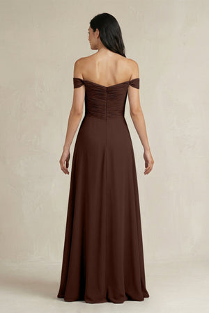 A - Line Pleated Off - the - Shoulder Chiffon Bridesmaid Dress in Espresso - KissProm Bridesmaid Dresses
