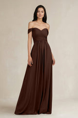A - Line Pleated Off - the - Shoulder Chiffon Bridesmaid Dress in Espresso - KissProm Bridesmaid Dresses