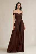 A - Line Pleated Off - the - Shoulder Chiffon Bridesmaid Dress in Espresso - KissProm Bridesmaid Dresses
