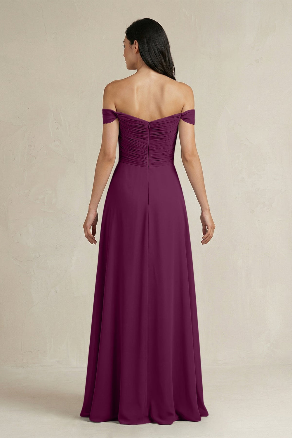 A - Line Pleated Off - the - Shoulder Chiffon Bridesmaid Dress in Fig - KissProm Bridesmaid Dresses