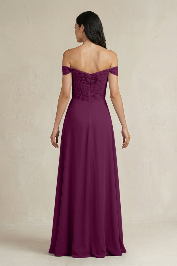 A - Line Pleated Off - the - Shoulder Chiffon Bridesmaid Dress in Fig - KissProm Bridesmaid Dresses