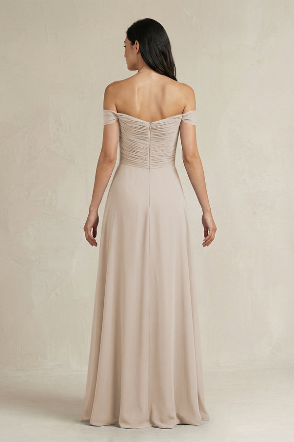 A - Line Pleated Off - the - Shoulder Chiffon Bridesmaid Dress in Frost - KissProm Bridesmaid Dresses