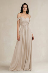 A - Line Pleated Off - the - Shoulder Chiffon Bridesmaid Dress in Frost - KissProm Bridesmaid Dresses