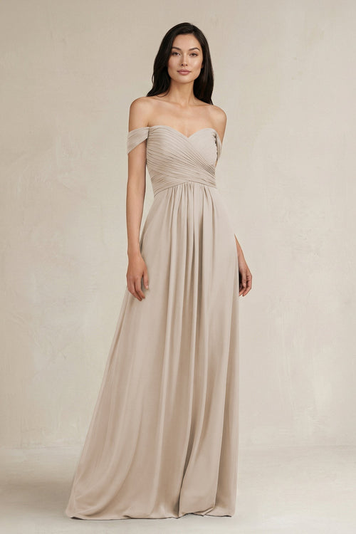 A - Line Pleated Off - the - Shoulder Chiffon Bridesmaid Dress in Frost - KissProm Bridesmaid Dresses