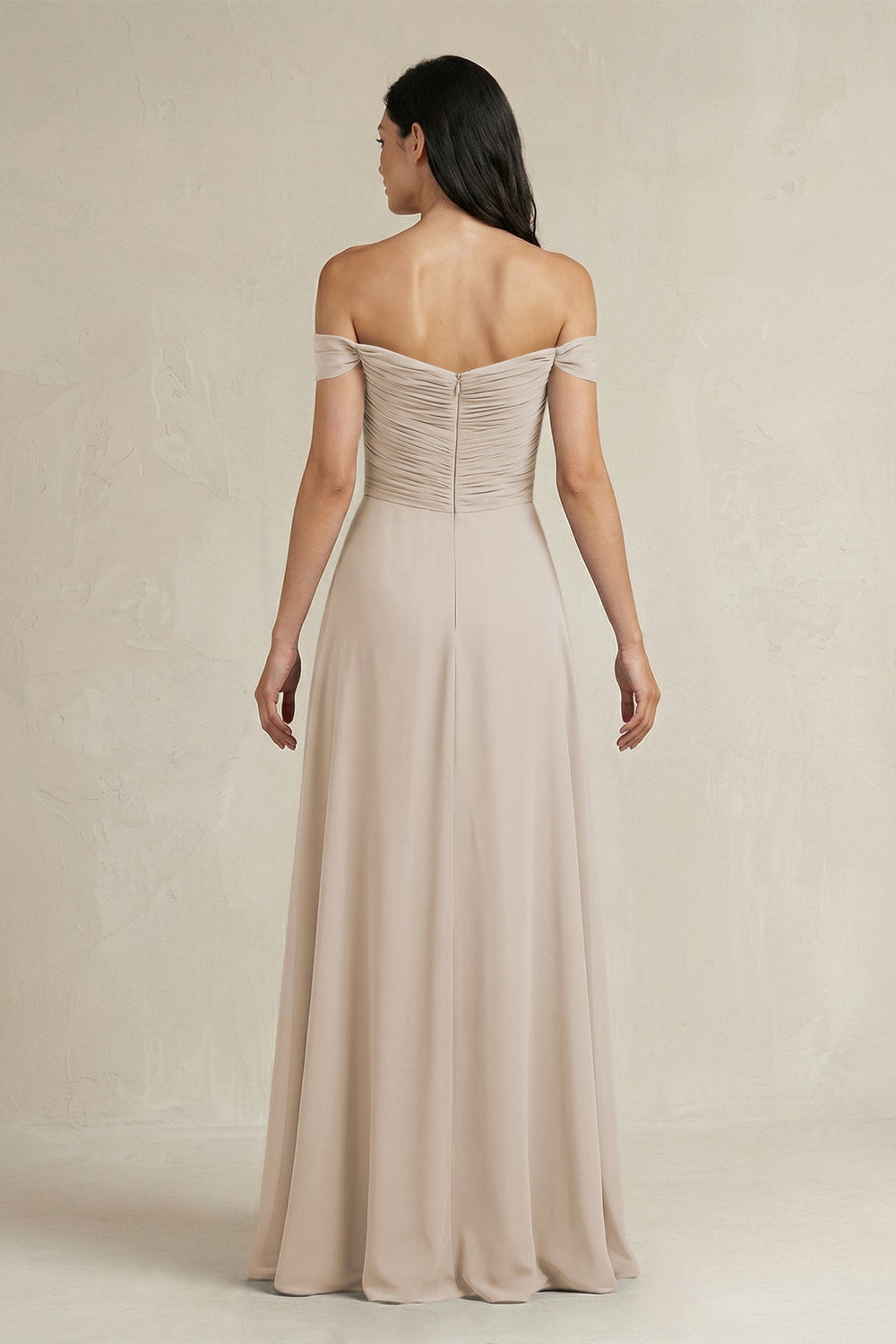 A - Line Pleated Off - the - Shoulder Chiffon Bridesmaid Dress in Frost - KissProm Bridesmaid Dresses