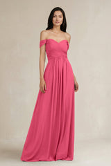 A - Line Pleated Off - the - Shoulder Chiffon Bridesmaid Dress in Fuchsia - KissProm Bridesmaid Dresses