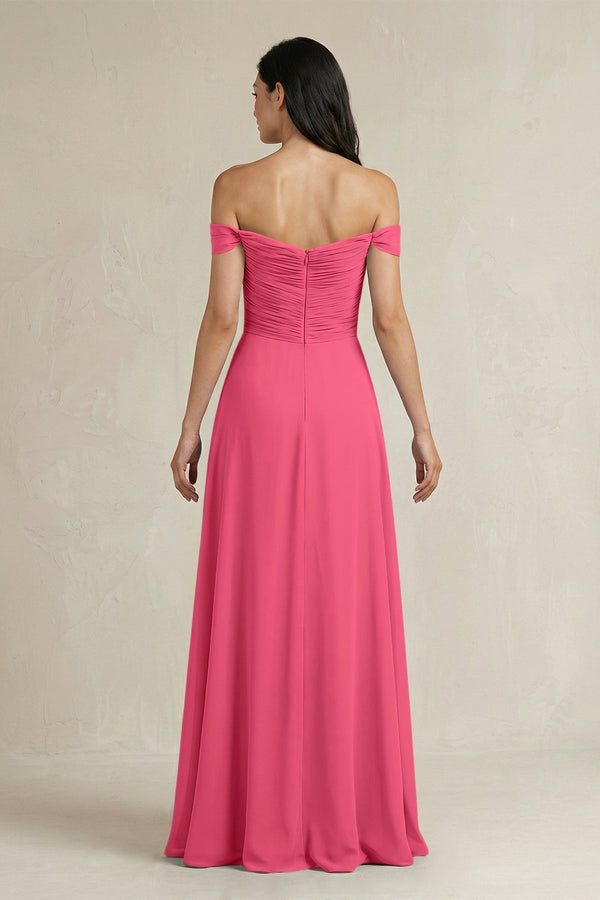 A - Line Pleated Off - the - Shoulder Chiffon Bridesmaid Dress in Fuchsia - KissProm Bridesmaid Dresses