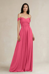 A - Line Pleated Off - the - Shoulder Chiffon Bridesmaid Dress in Fuchsia - KissProm Bridesmaid Dresses