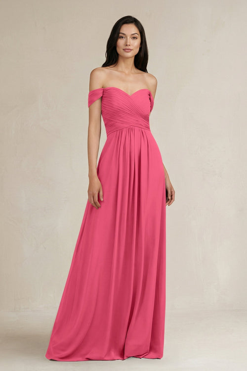 A - Line Pleated Off - the - Shoulder Chiffon Bridesmaid Dress in Fuchsia - KissProm Bridesmaid Dresses