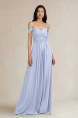 A - Line Pleated Off - the - Shoulder Chiffon Bridesmaid Dress in Ice - KissProm Bridesmaid Dresses