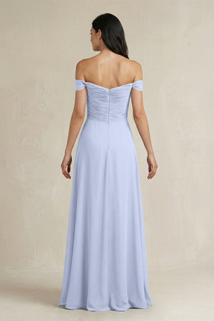 A - Line Pleated Off - the - Shoulder Chiffon Bridesmaid Dress in Ice - KissProm Bridesmaid Dresses