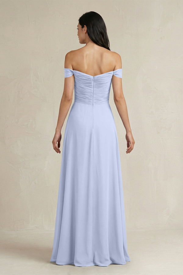 A - Line Pleated Off - the - Shoulder Chiffon Bridesmaid Dress in Ice - KissProm Bridesmaid Dresses