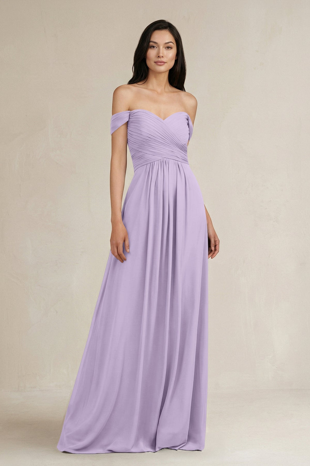 A - Line Pleated Off - the - Shoulder Chiffon Bridesmaid Dress in Lavender - KissProm Bridesmaid Dresses