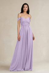 A - Line Pleated Off - the - Shoulder Chiffon Bridesmaid Dress in Lavender - KissProm Bridesmaid Dresses