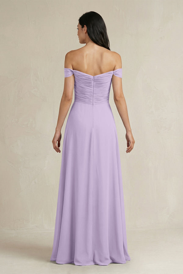 A - Line Pleated Off - the - Shoulder Chiffon Bridesmaid Dress in Lavender - KissProm Bridesmaid Dresses