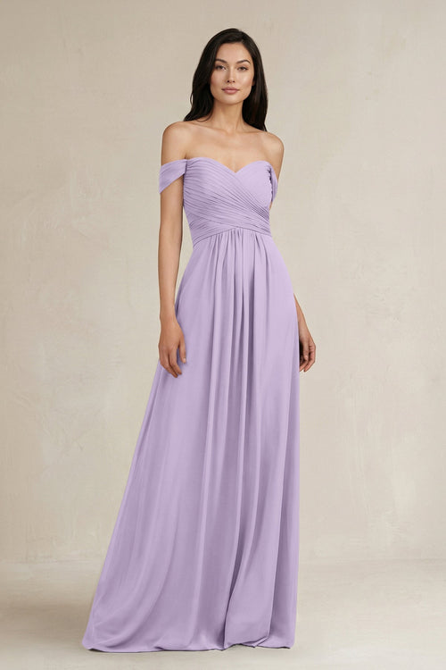 A - Line Pleated Off - the - Shoulder Chiffon Bridesmaid Dress in Lavender - KissProm Bridesmaid Dresses