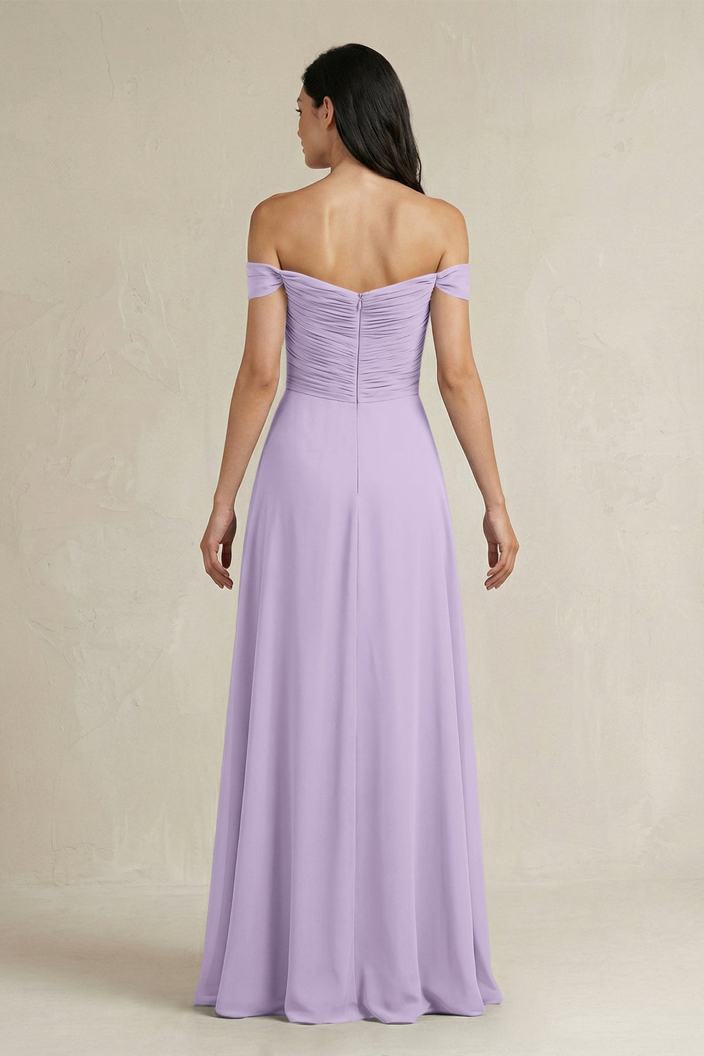 A - Line Pleated Off - the - Shoulder Chiffon Bridesmaid Dress in Lavender - KissProm Bridesmaid Dresses
