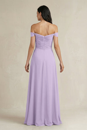 A - Line Pleated Off - the - Shoulder Chiffon Bridesmaid Dress in Lavender - KissProm Bridesmaid Dresses