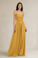 A - Line Pleated Off - the - Shoulder Chiffon Bridesmaid Dress in Marigold - KissProm Bridesmaid Dresses