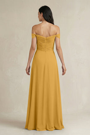 A - Line Pleated Off - the - Shoulder Chiffon Bridesmaid Dress in Marigold - KissProm Bridesmaid Dresses