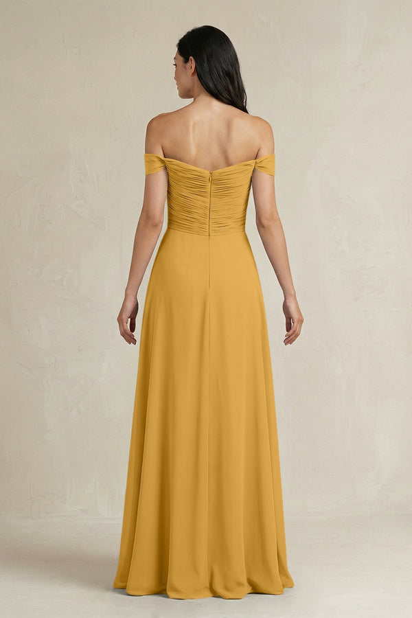 A - Line Pleated Off - the - Shoulder Chiffon Bridesmaid Dress in Marigold - KissProm Bridesmaid Dresses