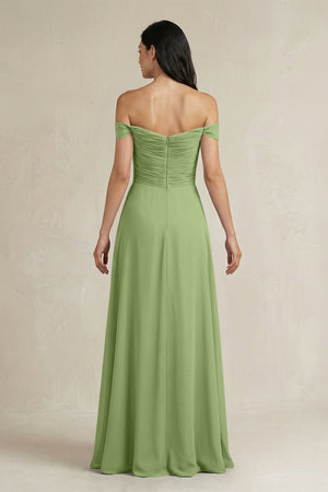 A - Line Pleated Off - the - Shoulder Chiffon Bridesmaid Dress in Matcha - KissProm Bridesmaid Dresses