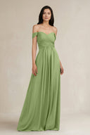 A - Line Pleated Off - the - Shoulder Chiffon Bridesmaid Dress in Matcha - KissProm Bridesmaid Dresses