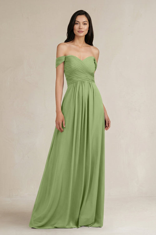 A - Line Pleated Off - the - Shoulder Chiffon Bridesmaid Dress in Matcha - KissProm Bridesmaid Dresses