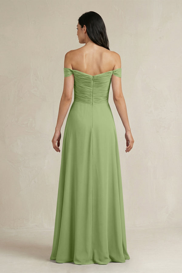 A - Line Pleated Off - the - Shoulder Chiffon Bridesmaid Dress in Matcha - KissProm Bridesmaid Dresses