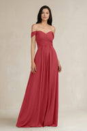 A - Line Pleated Off - the - Shoulder Chiffon Bridesmaid Dress in Merlot - KissProm Bridesmaid Dresses