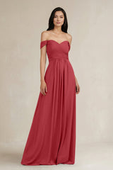 A - Line Pleated Off - the - Shoulder Chiffon Bridesmaid Dress in Merlot - KissProm Bridesmaid Dresses