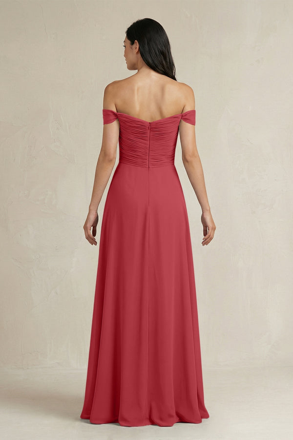 A - Line Pleated Off - the - Shoulder Chiffon Bridesmaid Dress in Merlot - KissProm Bridesmaid Dresses