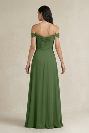 A - Line Pleated Off - the - Shoulder Chiffon Bridesmaid Dress in Moss - KissProm Bridesmaid Dresses