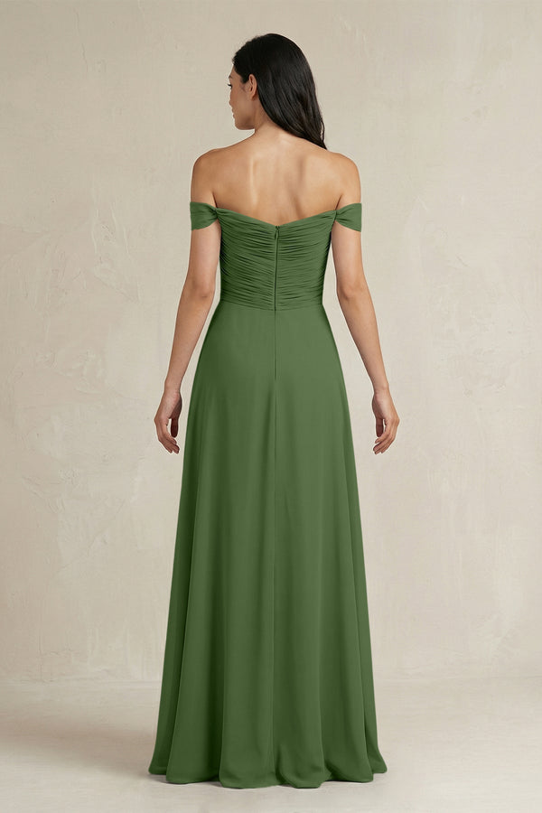 A - Line Pleated Off - the - Shoulder Chiffon Bridesmaid Dress in Moss - KissProm Bridesmaid Dresses
