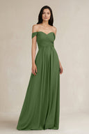 A - Line Pleated Off - the - Shoulder Chiffon Bridesmaid Dress in Moss - KissProm Bridesmaid Dresses