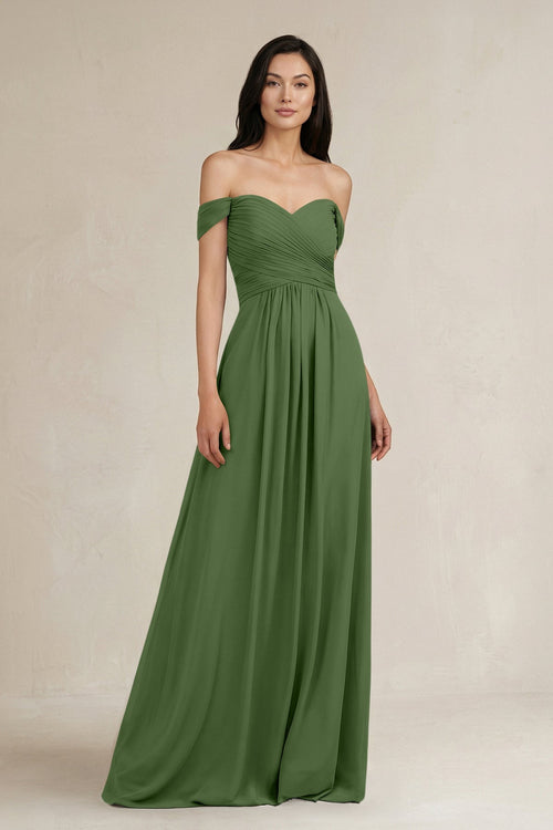 A - Line Pleated Off - the - Shoulder Chiffon Bridesmaid Dress in Moss - KissProm Bridesmaid Dresses
