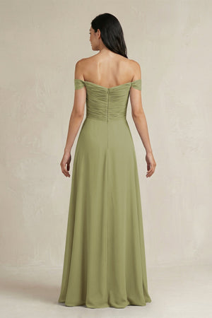 A - Line Pleated Off - the - Shoulder Chiffon Bridesmaid Dress in Moss Green - KissProm Bridesmaid Dresses