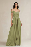 A - Line Pleated Off - the - Shoulder Chiffon Bridesmaid Dress in Moss Green - KissProm Bridesmaid Dresses